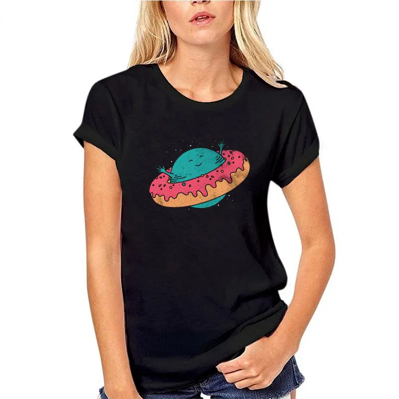 Funny Saturn Loves Doughnut Cotton T Shirt Cute Kawaii Women Fashion Aesthetic Shirt Unisex Short Sleeve Goth Gift Hipster Tops