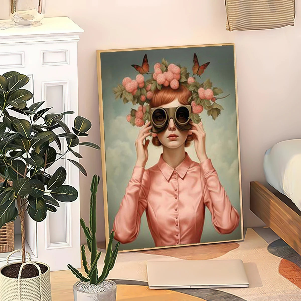 Beautiful woman with eyes and flower head print female portrait art feminism art painting portrait with flowers art print canvas