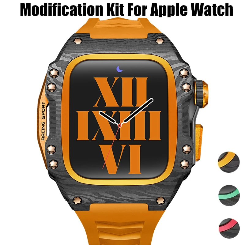 

Modified Kit for iWatch Apple Watch series 7 8 9 44mm 45mm Carbon Fiber Protective waterproof Case Band strap Luxury metal bezel