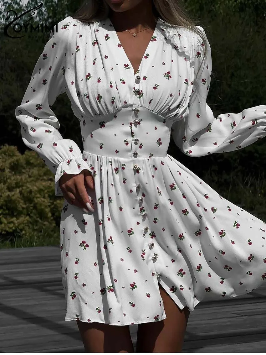 Oymimi Casual White Print Women\'s Dress Elegant V-Neck Long Sleeve Single Breasted Dresses Fashion High Waist Mini Dress Female