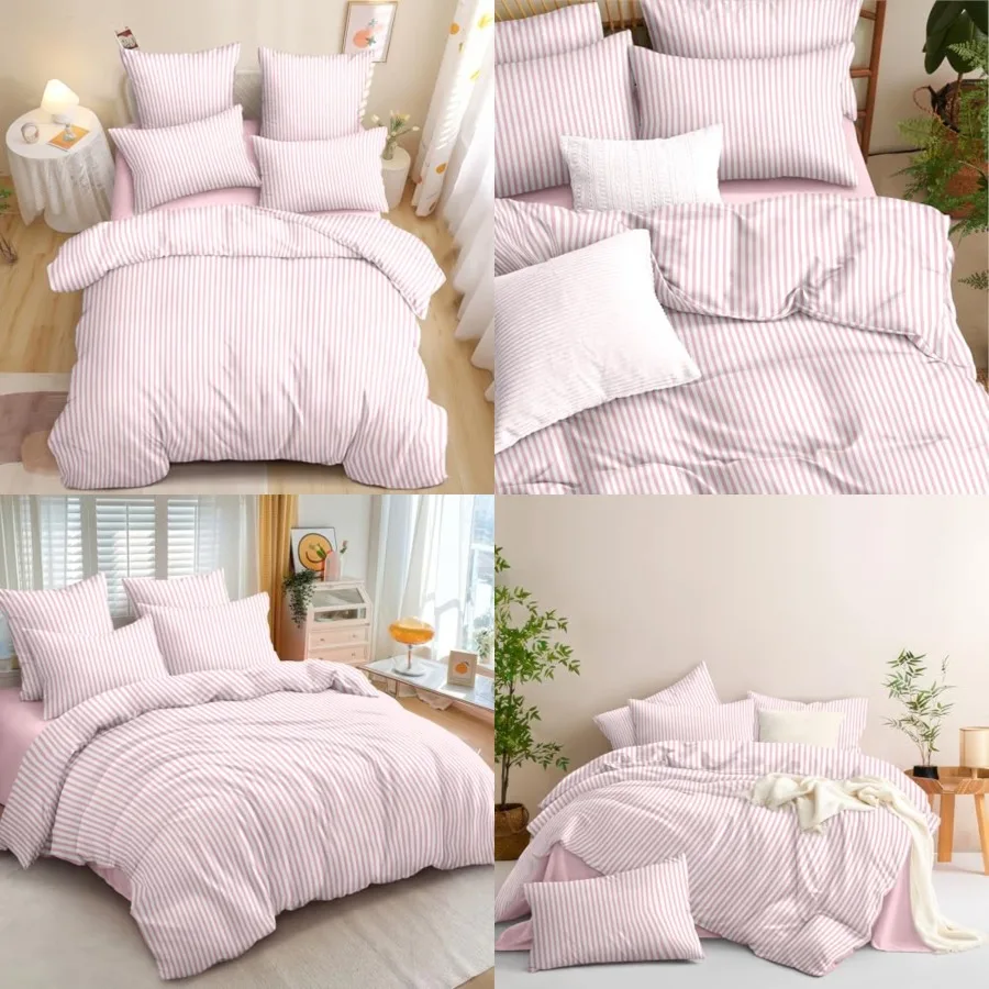 

Pink Striped Duvet Cover Size White Stripe Duvet Cover Dorm Bedding Set 3 Pieces Soft Lightweight Washed Microfiber Farmhouse B