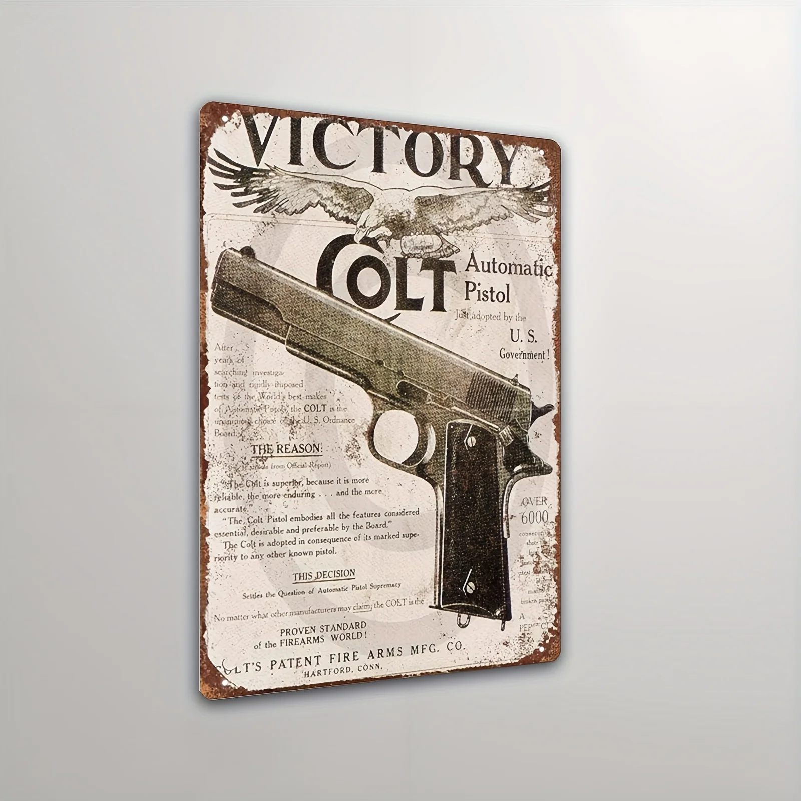 Vintage Colt M1911 Victory Tin Sign - Wall Art, Rustic Metal Decor for Barbershop, Pub, Home, or Office, Frameless,