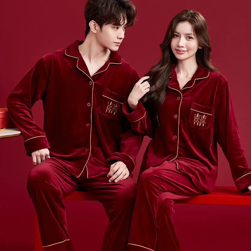 

Золотая бархатная одежда для сна для женщин и мужчин, рубашка, брюки, 2 шт., осенне-зимняя ночная верхняя одежда для пар, удобная домашняя одежда