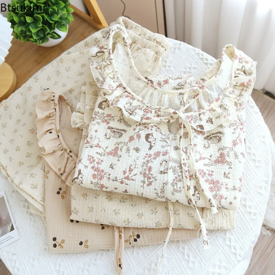 Women's Summer Pajama Short Sets Homewear Sleeveless Homewear Suit 100% Cotton Thin Loose Ruffles Can Be Worn Outside Sleepwear