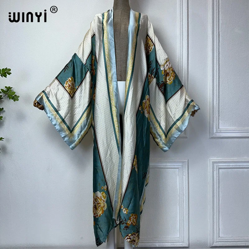 WINYI kimono estivo boho print beach wear donna costume da bagno elegante donna africana boho Cardigan sexy Holiday silk feeling dress