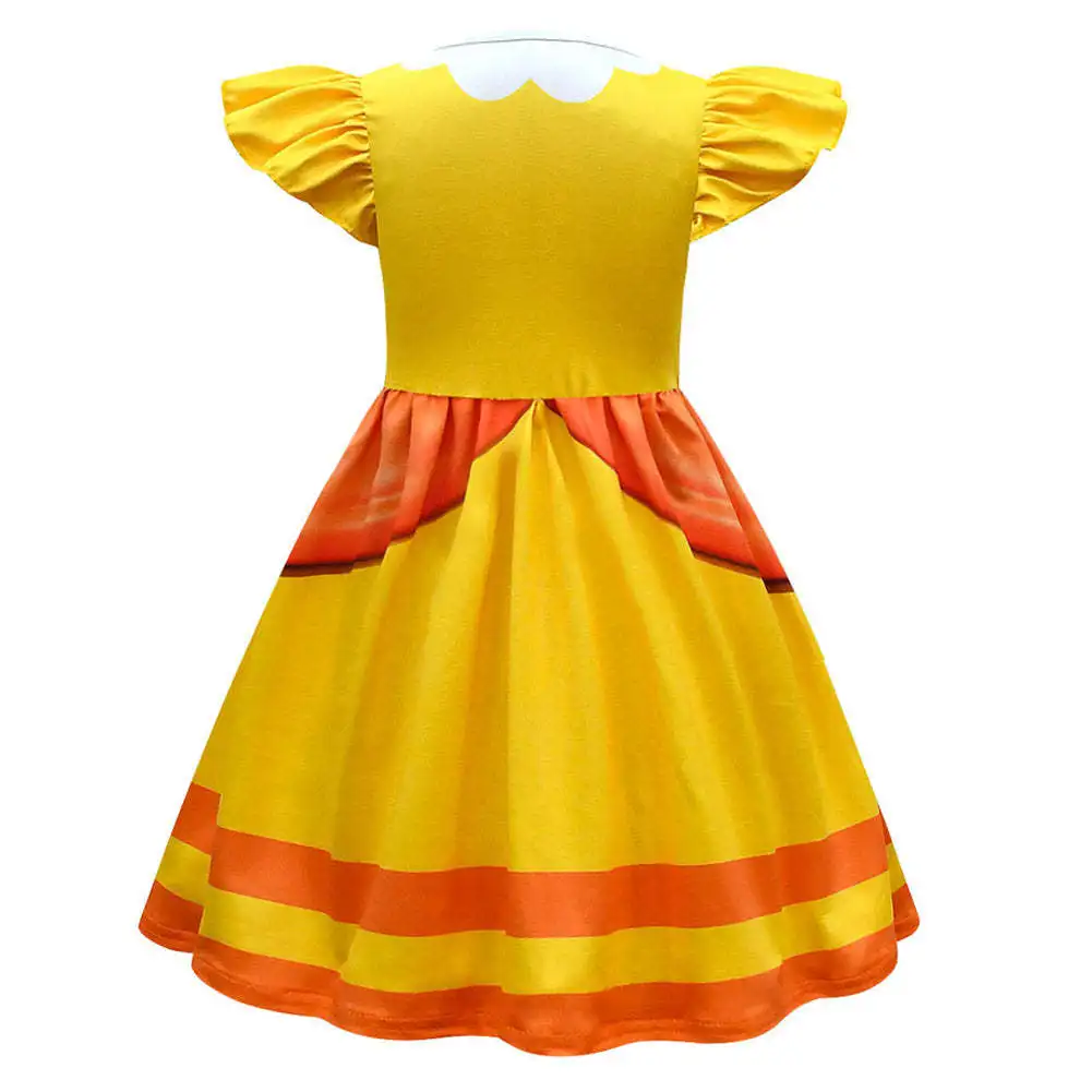 2026 Girls Cosplay New Princess Daisy Cute Short Sleeve Yellow Dress Halloween Carnival Party Costume Kids Birthday Fancy Outfit