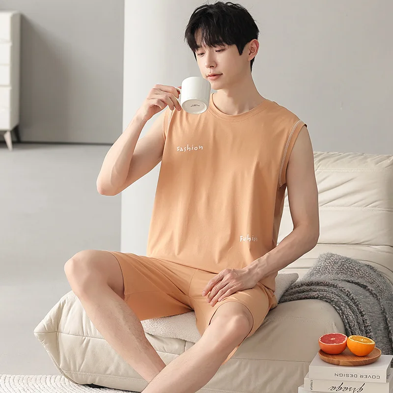 Pajamas Men's Summer Modal Cotton Sleeveless Tank Top Shorts Thin Home Clothes Set Solid Color Plus Size 4XL Sleepwear