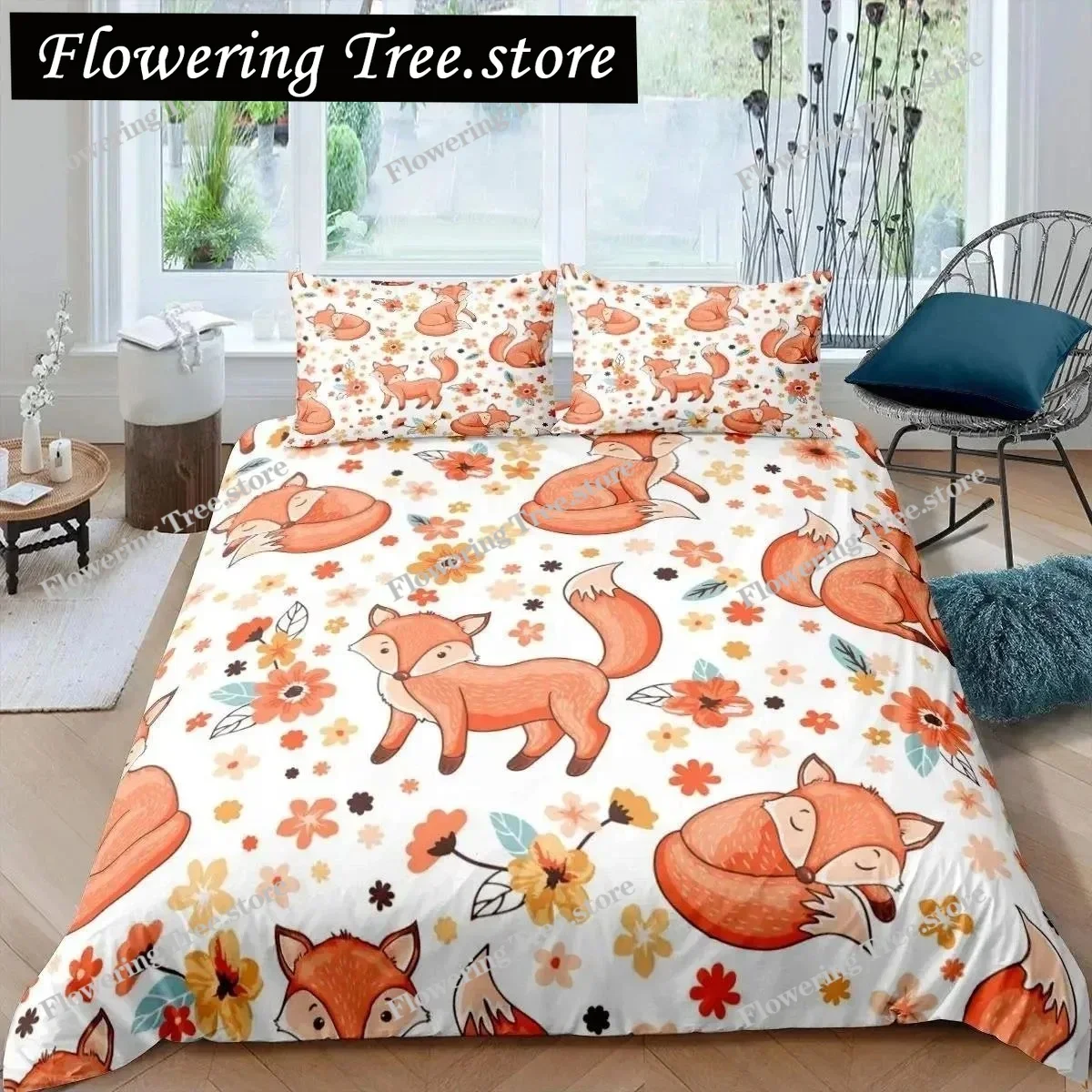 Fox Duvet Cover Set Girls Cartoon Fox Bedding Set Lovely Animal Theme Comforter Cover for Kids Teens King Polyester Quilt Cover