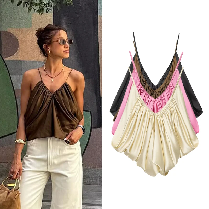 Damskie bluzki typu slip top, modne satynowe plisowane bluzki bez rękawów z dekoltem w serek, seksowne i szykowne bluzki damskie na lato.