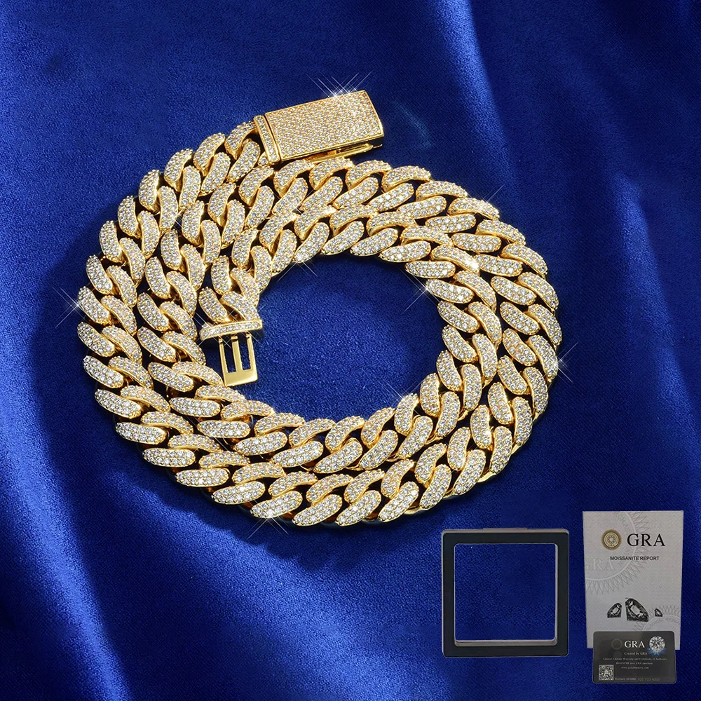 Mozambique 925 Silver Cuban Chain 12mm Gold Plated Geometric Pattern for Weddings Engagements Top Vvs Moissanite Necklace，