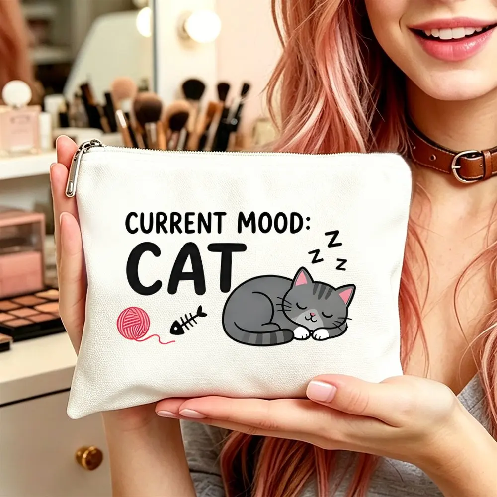 1pc Makeup Bag Cosmetic Toiletry Pouch Gift for Women Current Mood Cat Pattern Mom Daughters Friends Christmas Hallowmas Gift