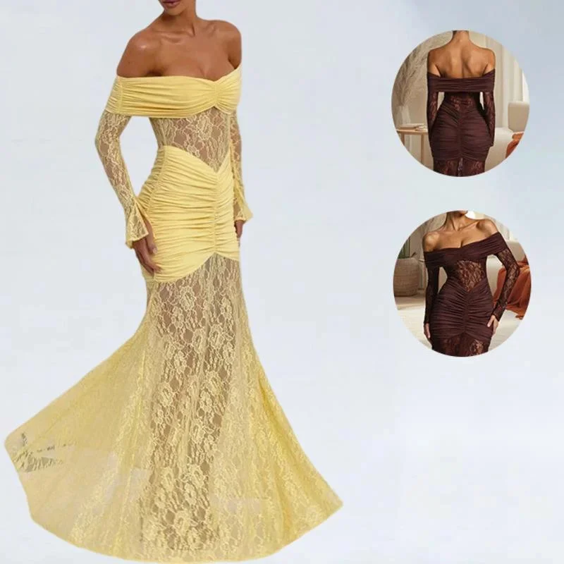 

Sexy Midi Dresses Mini Dresses Women Hollow Out One Neck Slim Fit Long Sleeved Fish Tail Long Dinner Vacation Party Dresses New