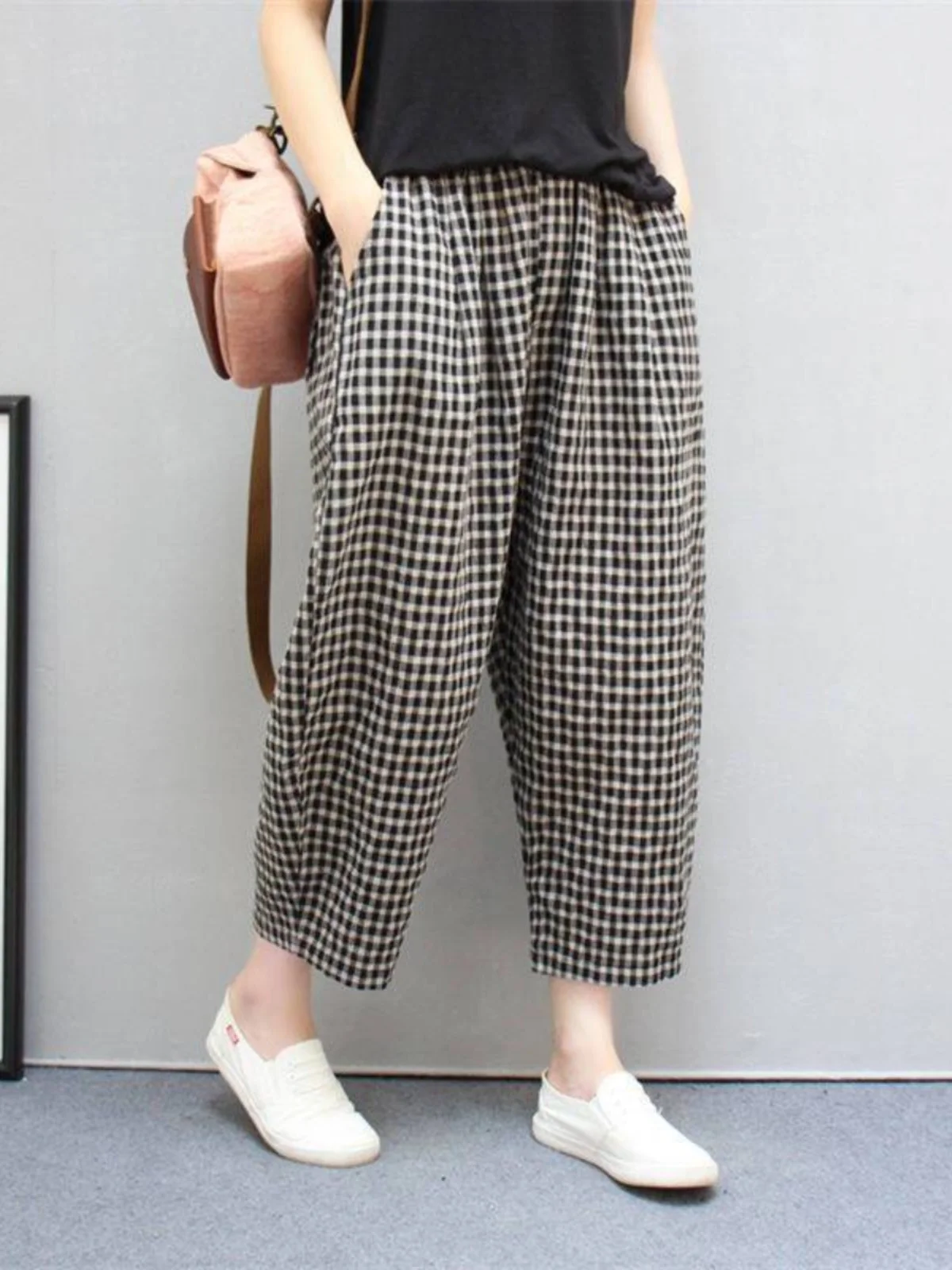 

Хлопково-льняные клетчатые брюки в стиле ретро с эластичной резинкой на талии, тонкие женские брюки с девятью очками, весна-лето, новые повседневные свободные брюки