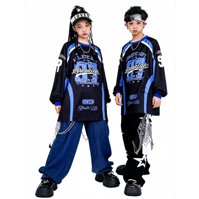Girls K-pop Blue-Black Contrast Sweatshirt Street Dance Pants Boys Hip Hop Jeans Clothes Sets Kids Jazz Costume Child Streetwear