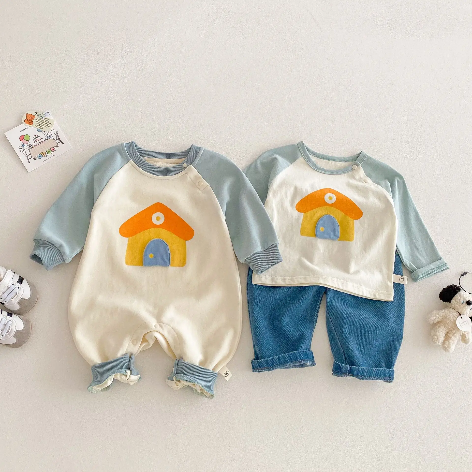 2025 Spring New Baby Fashion Color-Block Romper, Cartoon House Design Crawling Outfit for Newborns and Infants