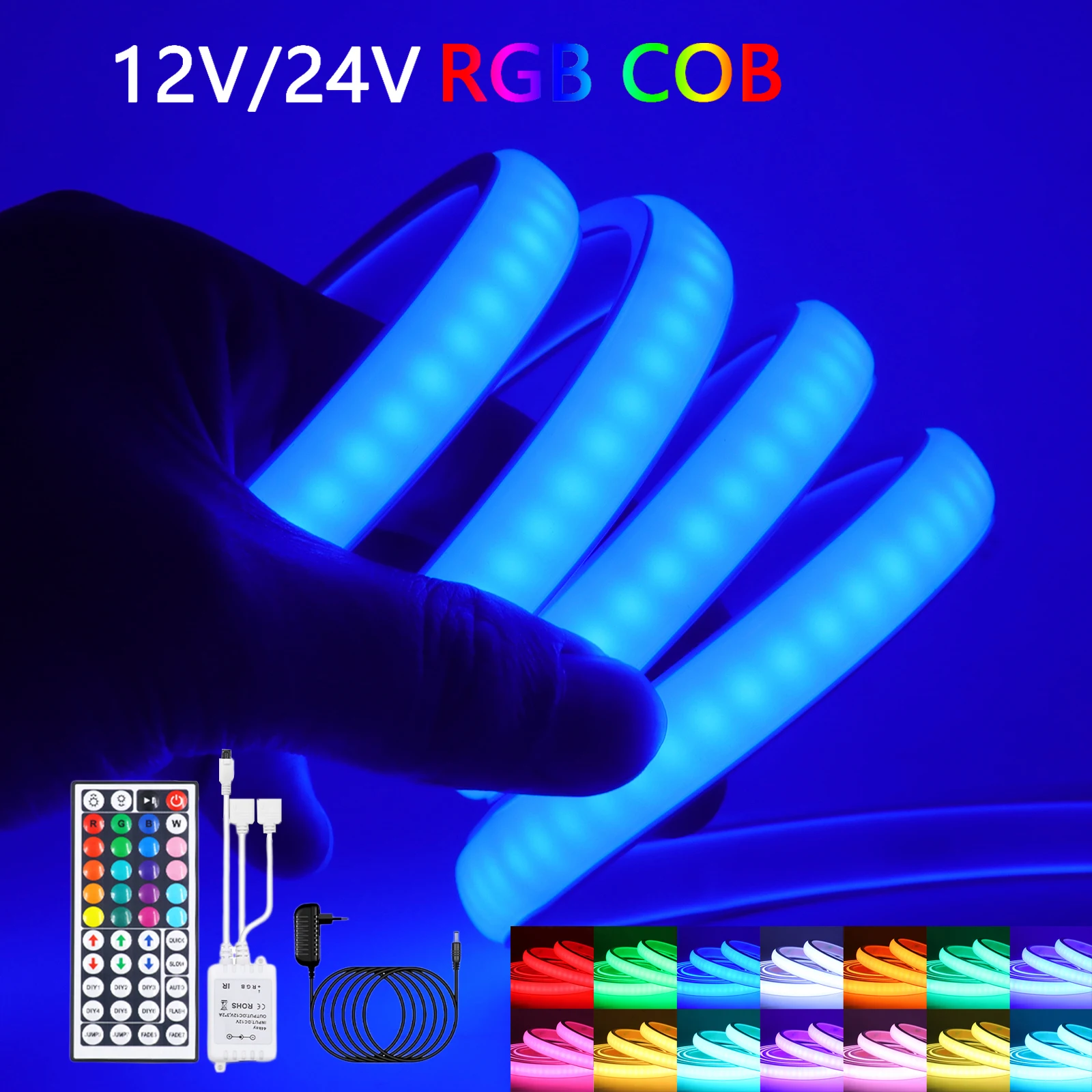12V 24V 44key IR Remote RGB COB LED Strip Light Control EU US UK AU Power Plug Kit 576LED Flexible Silicone Tube Lamp Waterproof