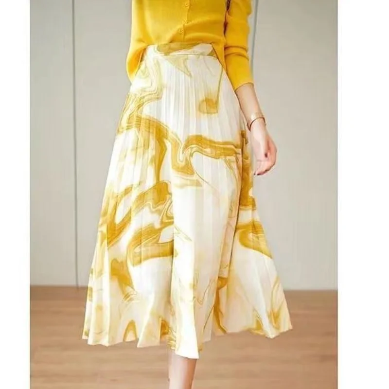 New Spring and Summer Women's Style High Waist Loose Ink Wash Printed Pleated A-Line Classic All-match Fashion Casual Skirt