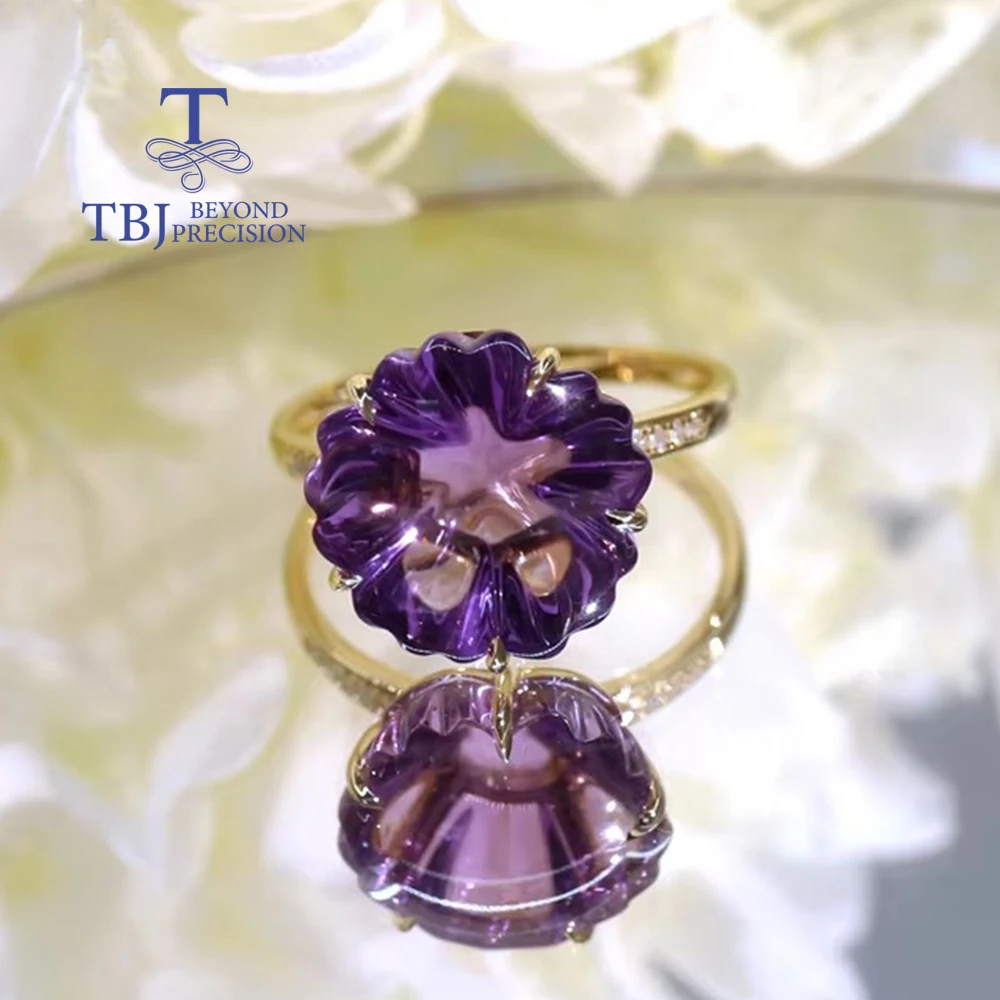 New 14K yellow gold diamond ring natural brazil flower shape cutting  amethyst gemstone fine jewelry for women nice gift
