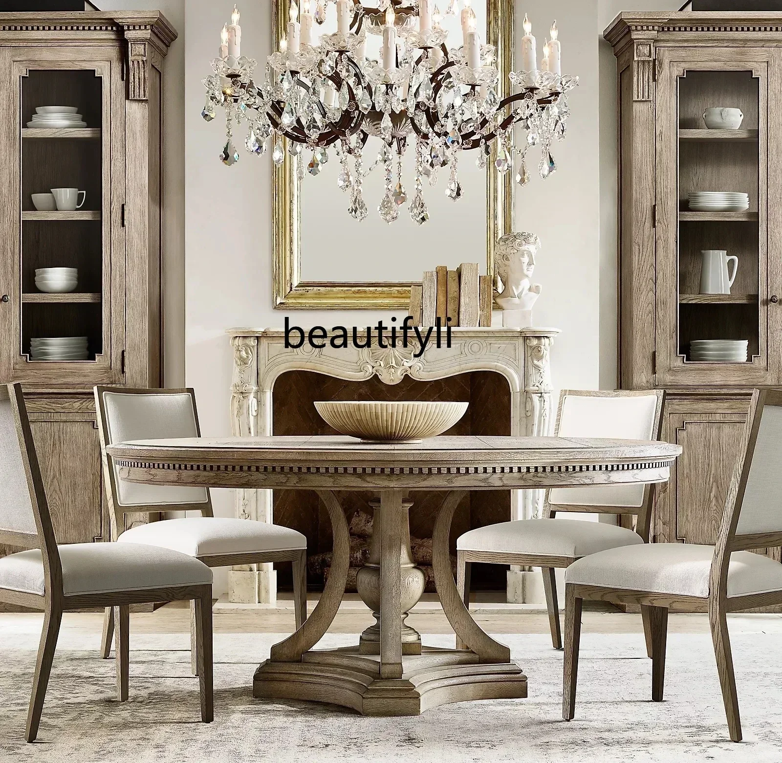 32Oak pure solid wood retro round dining table and chairs living room home dining table furniture