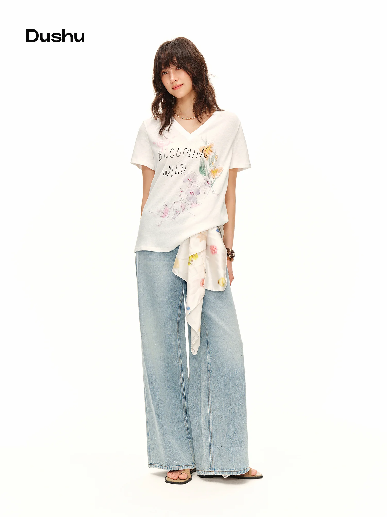 DUSHU 2026 Summer Women's Botanical Print V-Neck Drop Shoulder Relaxed Fit T-Shirt - Casual Comfort Style for Daily Wear