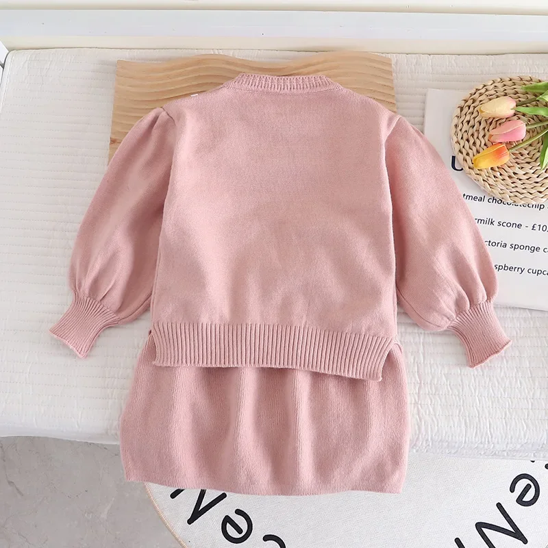 Children\'s Clothing Sets Bow Pullover Long Sleeve Top + Hip Skirt Winter Baby Girl Clothes Knit Sweater Toddler Cardigan Korean
