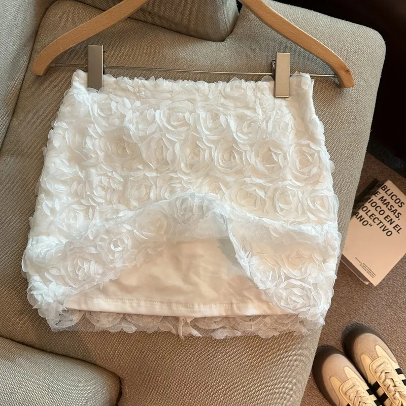

Sexy Summer Short Skirt Women's High Waist A-Line Mesh Bodycon Skirt with 3D Rose Design Polyester Fabric Standard Fit