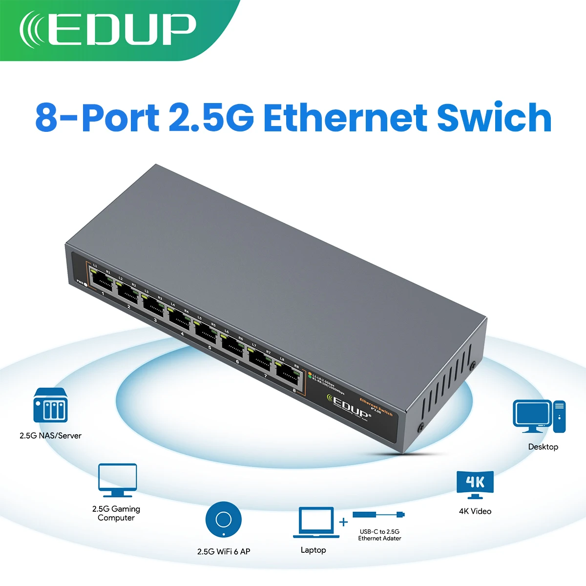 EDUP EP-SG7820 8-Port 2.5G Ethernet Switch Support Full Wire-Speed Forwarding on All Ports 40Gbps Speed Compact Design
