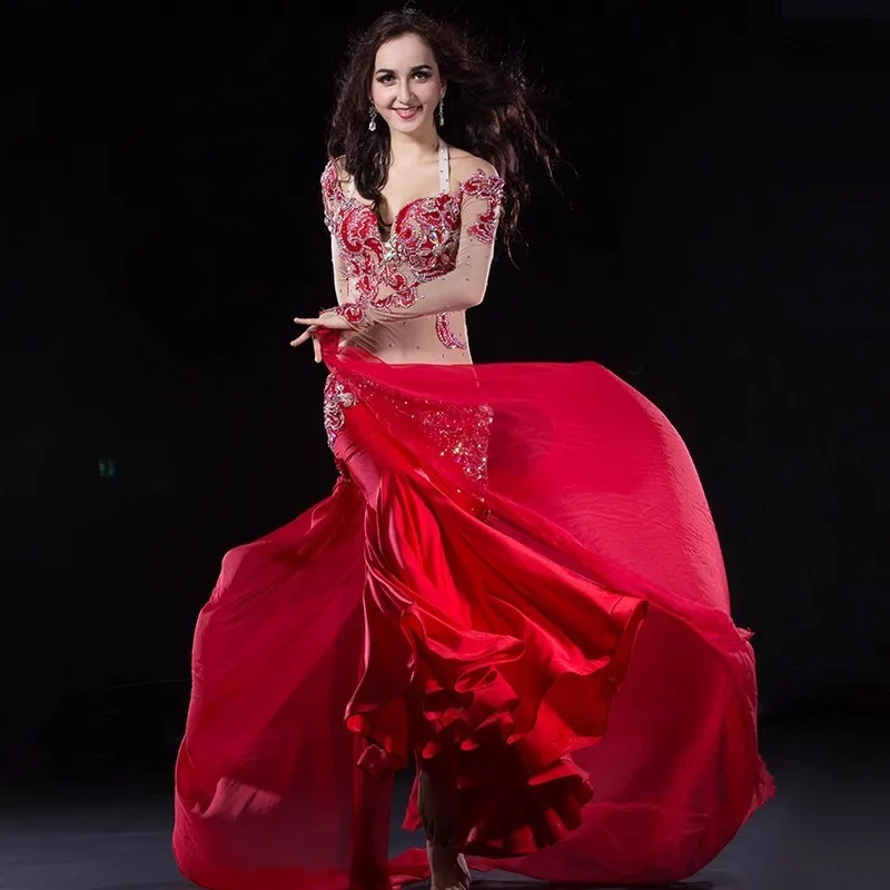 

customized belly dance set new children's performance costume indian clothes women red tops bra long skirt exotic dancewear