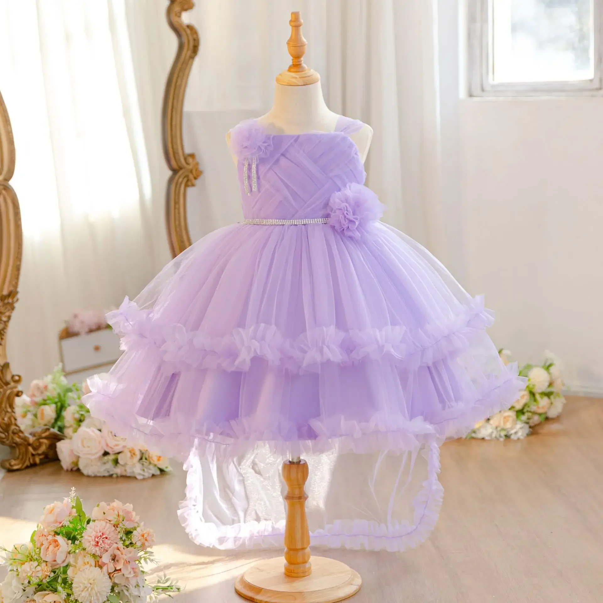 Baby Girl Party Princess Dresses Long Tail Kids Wedding Graduation Kindergarten Holiday Ball Gown Beading Sash Child Gift