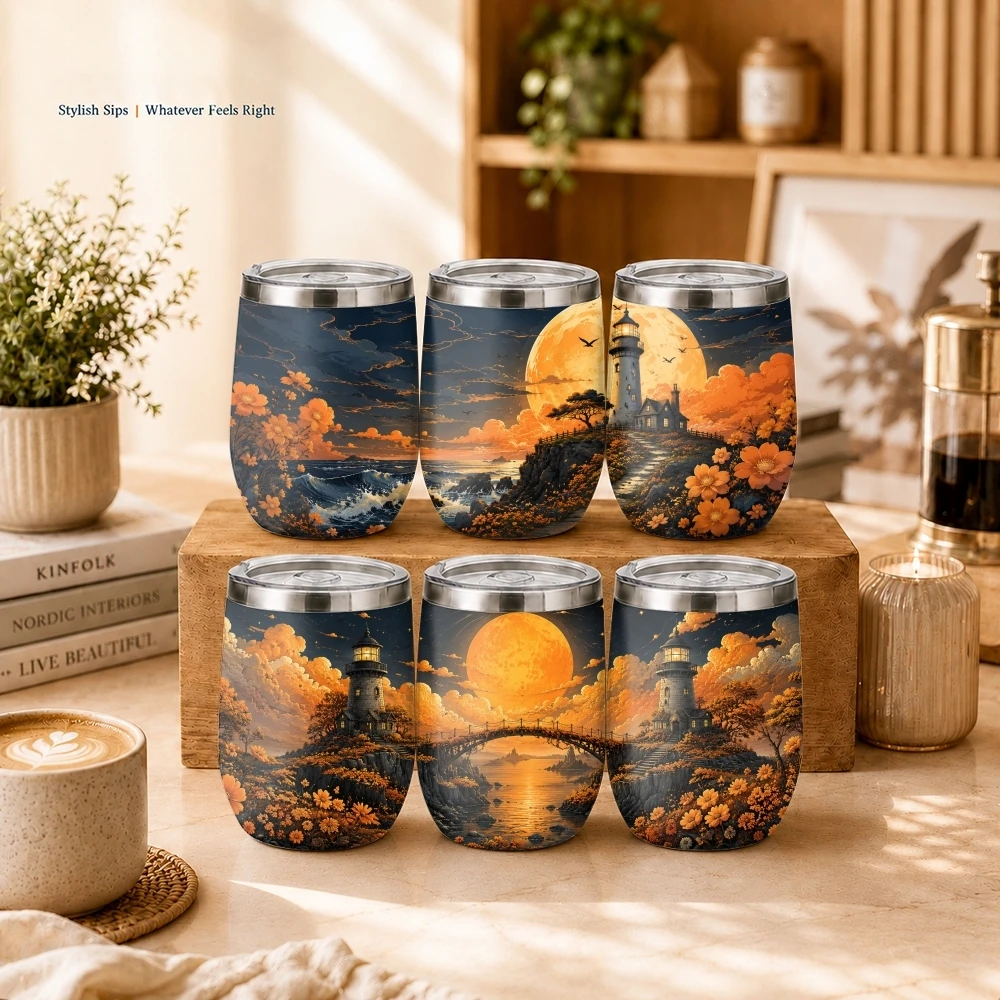 Retro-style lighthouse Vacuum Flasks 12oz Insulated Wine Tumbler Vacuum Coffee Mug Egg Shaped Thermos