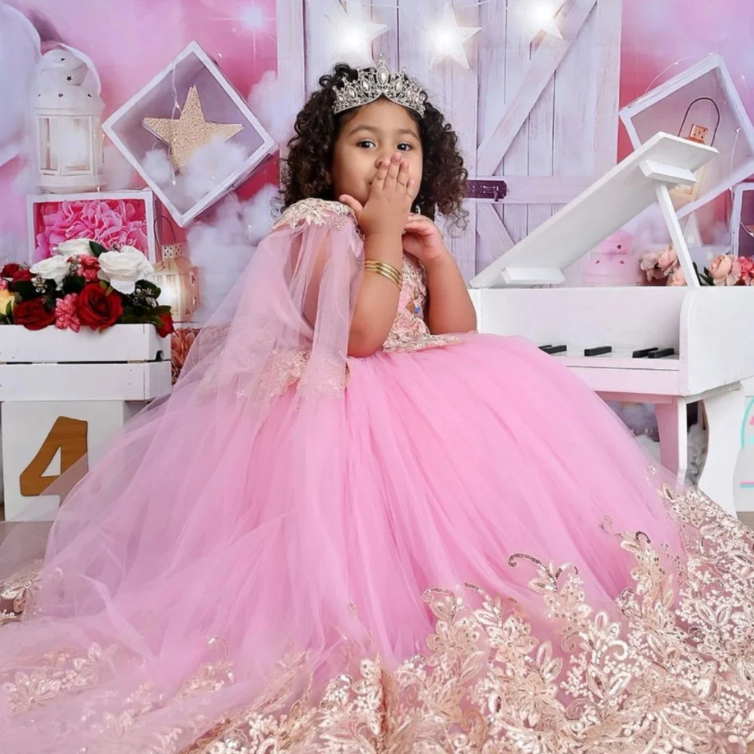 

Customized Pink Flower Girl Dress Gold With Shawel Sleeveless Floral Embroidery For Wedding Birthday Party Banquet Princess Gown