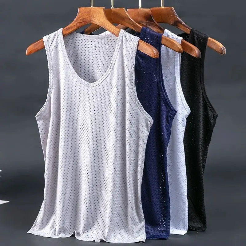 2024 New Summer Mesh Men's Tank Tops Ice Silk Vest Quick-Drying Breathable Sleeveless T-Shirts Sports Fitness Top Mesh Vest