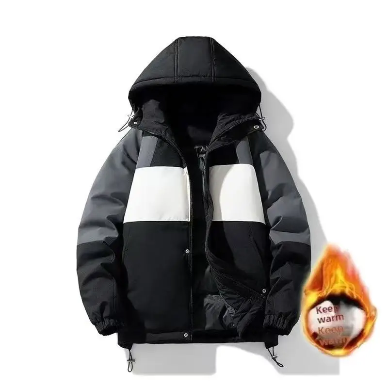 

Новые мужские парки, пуховое пальто, зимняя мода, контрастный цвет, лоскутная свободная мужская куртка с капюшоном, ветрозащитная мужская верхняя одежда с длинными рукавами