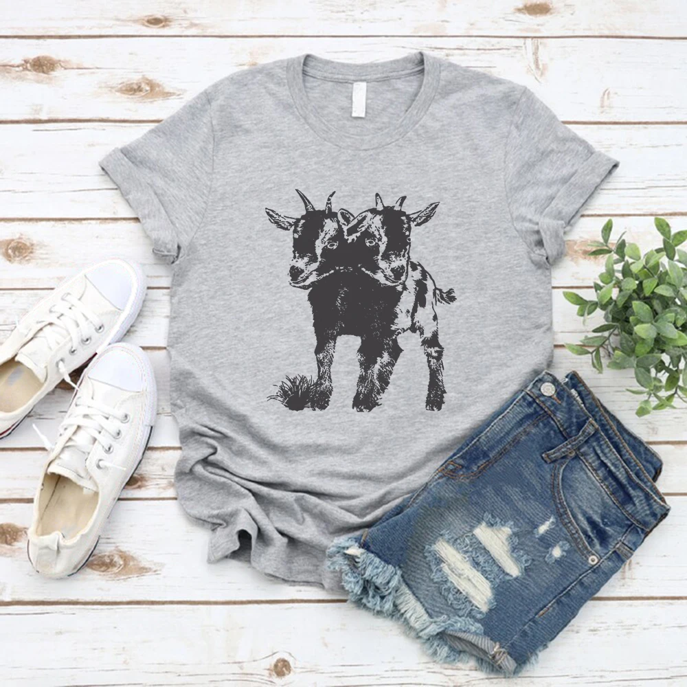 Two Headed Goat T-Shirt Cute Goat Shirts for Women Men Weird Oddities T Shirt Unusual Graphic Tee Short Sleeve Vintage Tshirts