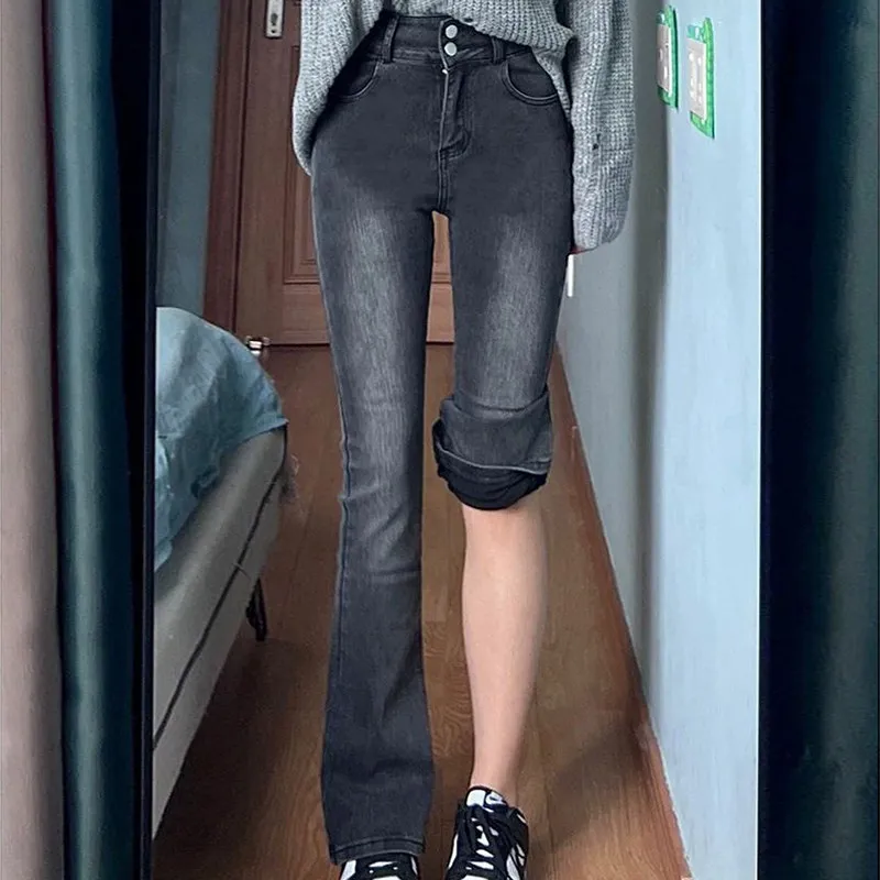 High Waist Flared Jeans Women's Stretchy Slimming Hip Covering Cotton Denim mid Washed Autumn New Style from China