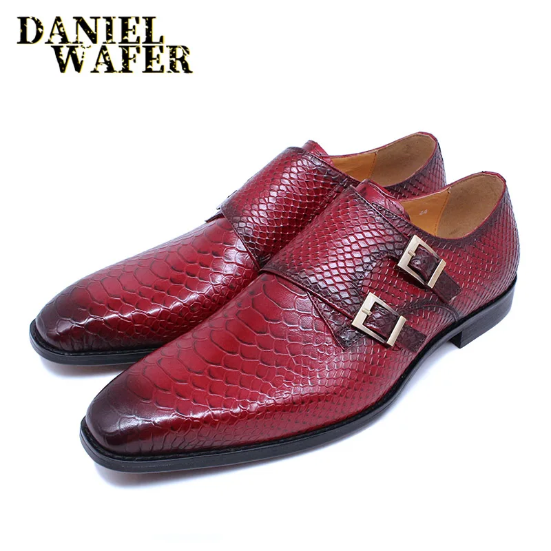 Luxury Men's Leather Loafers Shoes Snake Print  Monk Strap Slip on Buckle Man Causal Shoes Formal Dress Office Wedding Shoes Men