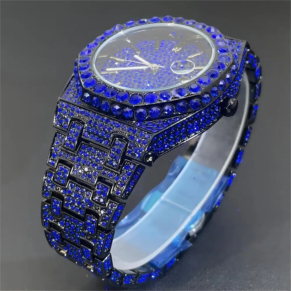 MISSFOX Fashion Iced Out Watch For Men Luxury Stainless Steel Quartz Watches Mans Hip Hop Blue Diamond Jewelry Wristwatch Reloj