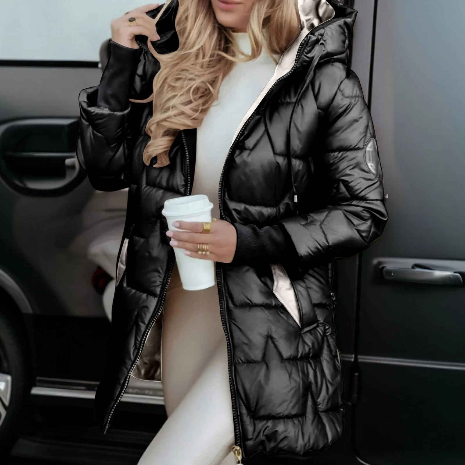 Women's Winter Hooded Puffer Jackets Fashion Down Coat Female Parkas Casual Loose Solid Color Long Sleeve Warm Outercoat