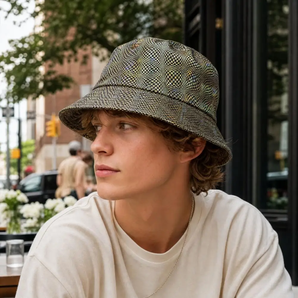 Breathable Summer Hat Shiny Fabric Bucket Hat with Reflective Rainproof Design Colorful Fish Scale Pattern Fisherman Hat Sun