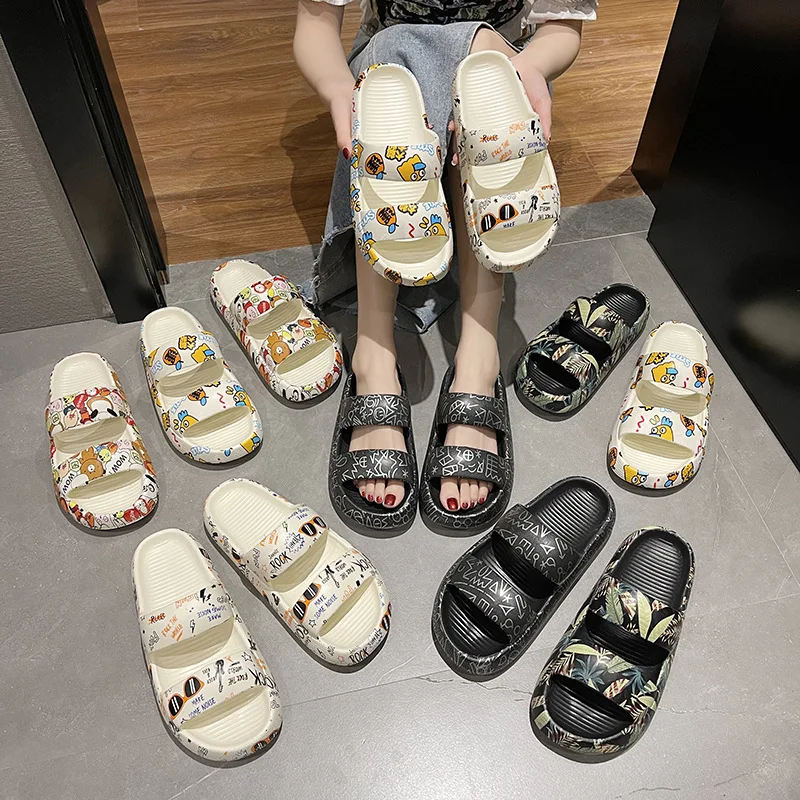 Summer Women's Slippers Thick Bottom Graffiti Home Indoor One-Tip Slippers Anti-slip Soft Bottom Couple Double Strap Sandals