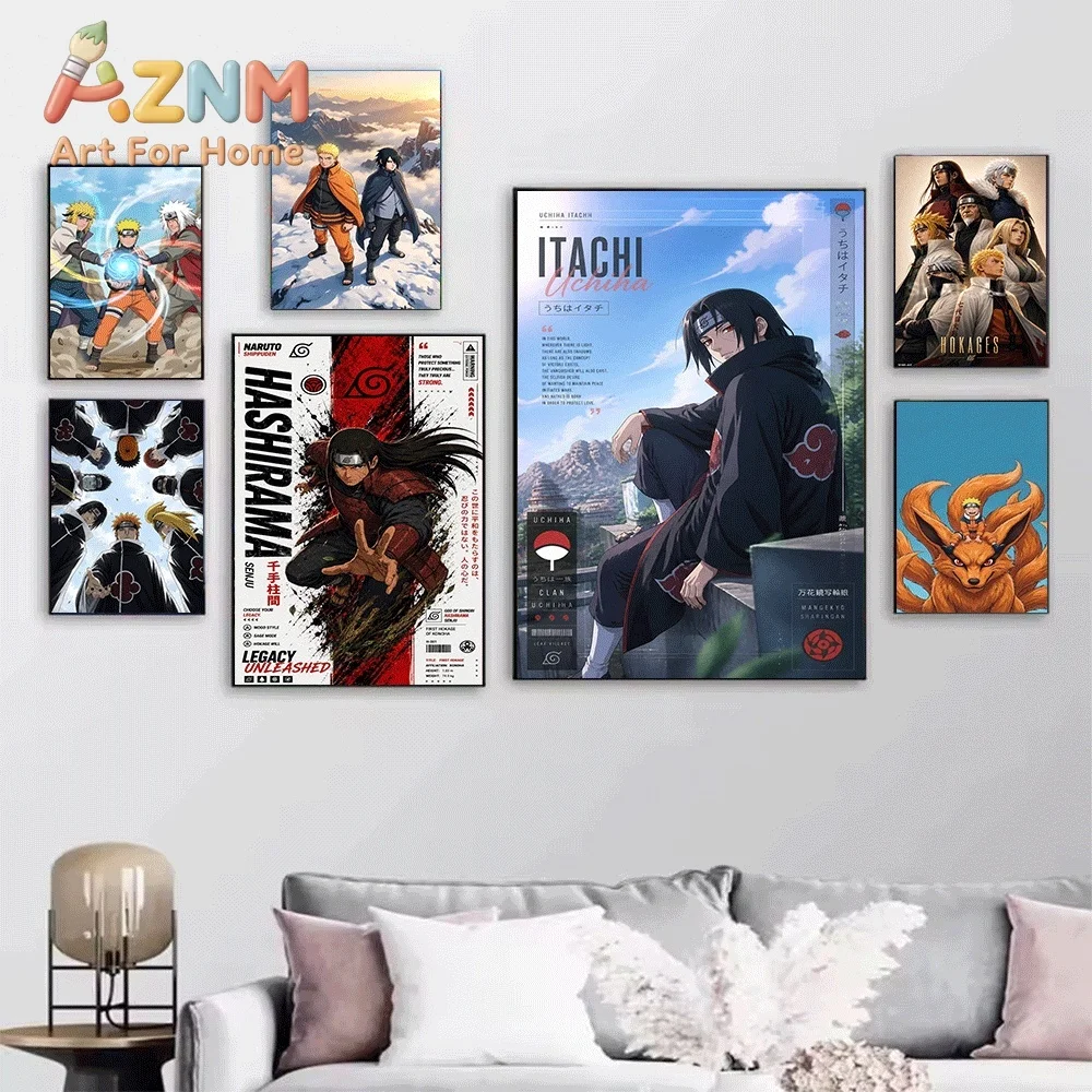 Naruto Anime Canvas Wall Art, Kakashi Itachi Hashirama Naruto Sasuke Character Print, Unframed Canvas Painting for Bedroom Liv