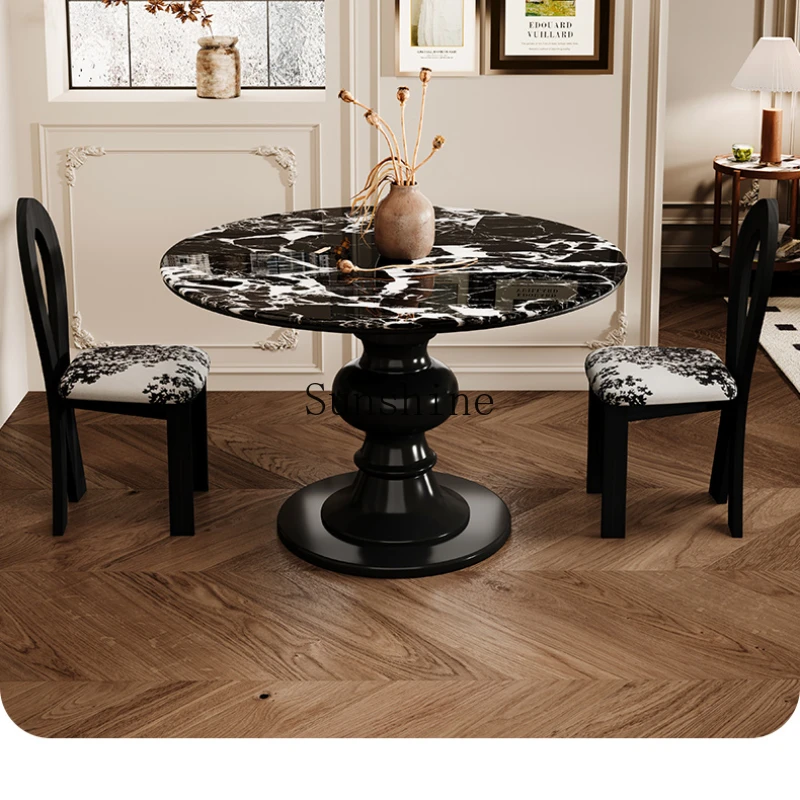 

Marble round dining table household solid wood round table