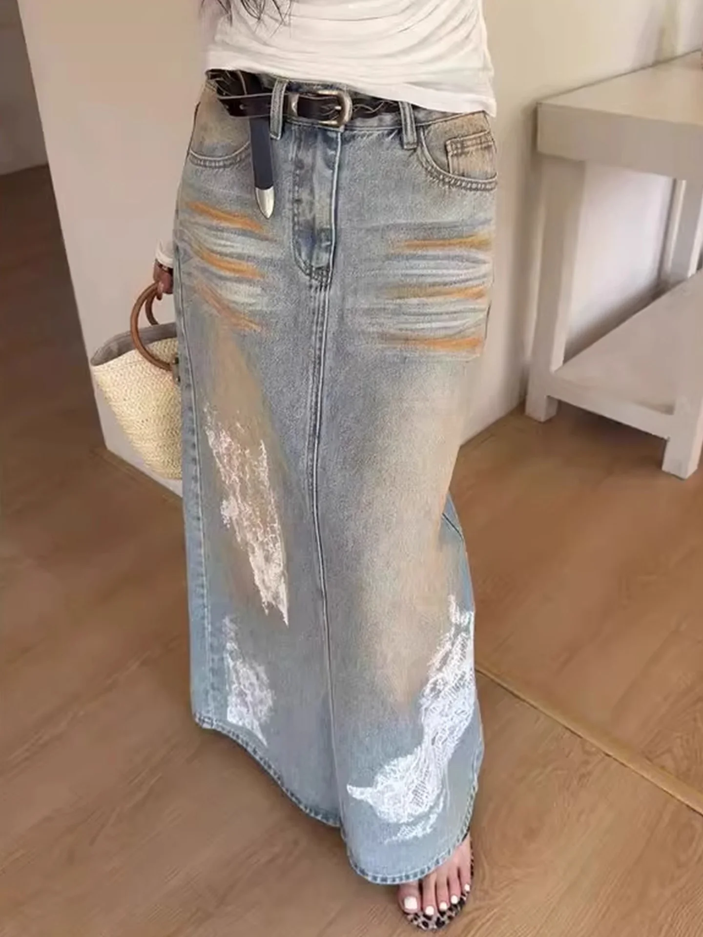 Outono inverno feminino vintage y2k split denim maxi saia a linha impressão harajuku japonês grunge 2000s cyber punk e-girl maré nova