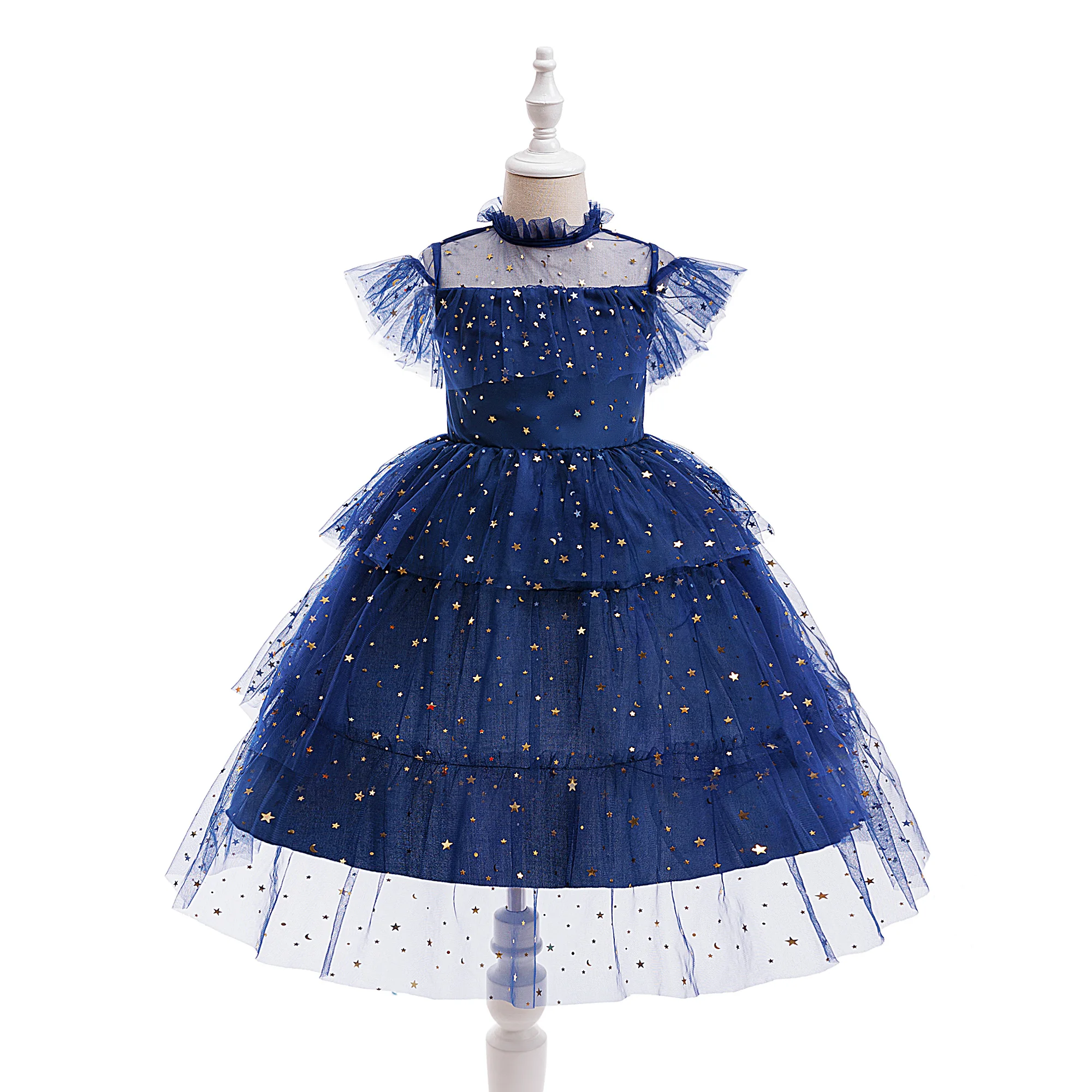 Blue dress girls daily dress star embellished mesh dress suitable for birthday party anniversary