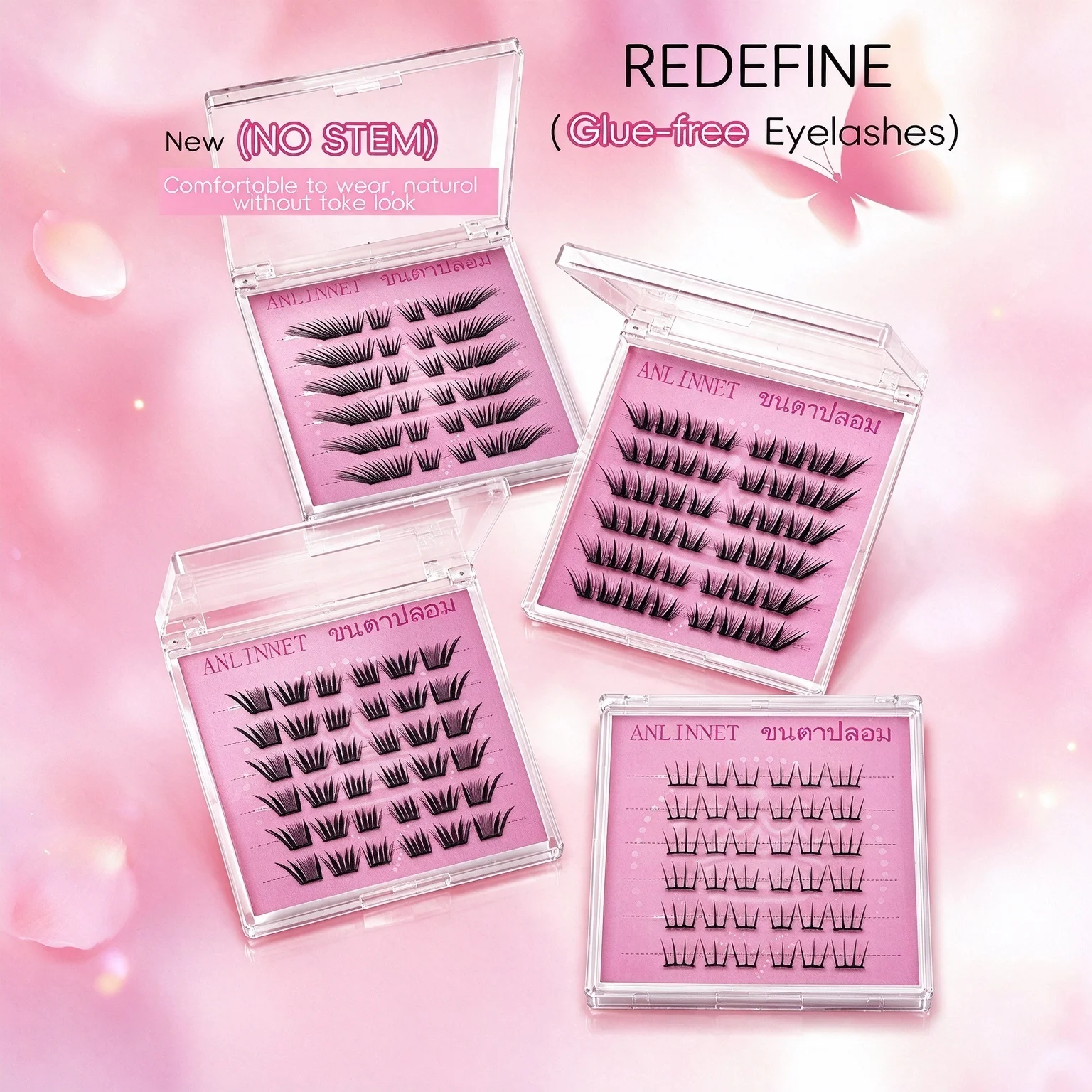 Soft Wispy Cat-Eye Cluster Lashes, 6 Rows, Airy Lightweight Texture, Glue-Free Self-Adhesive Design, Elegant Layered Voluminous