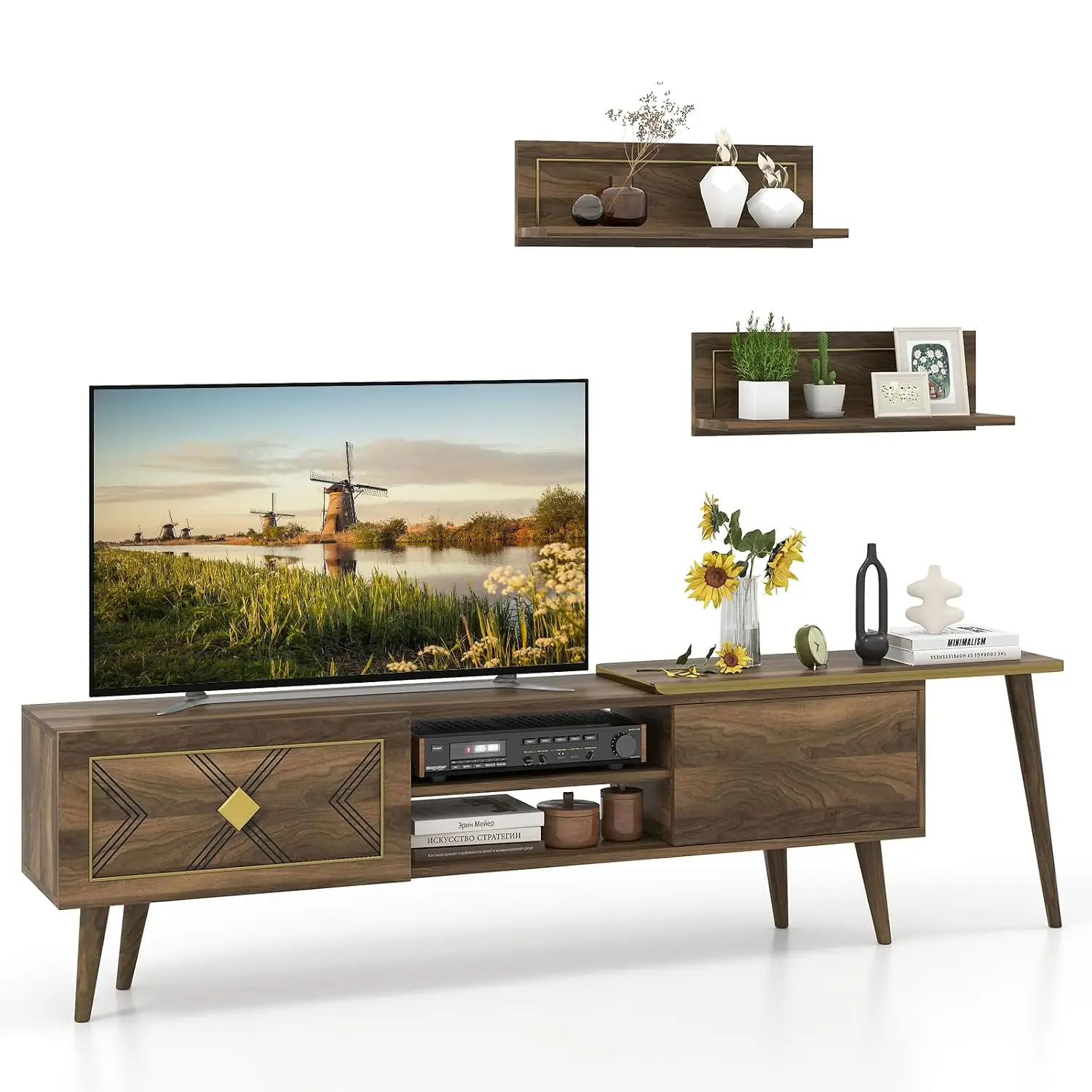 85 Inch TV Stand & Shelves, Mid-Century Entertainment Center w/Cabinets, Wood Console for Living Room, Walnut, Customized