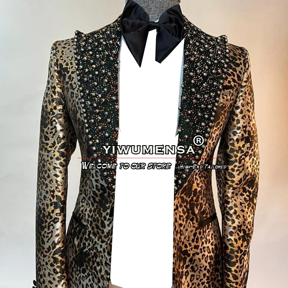 Leopard Print Man Suti Jackets Elegance Groom Tuxedos Custom Made Black Notch Lapel Beads Man Blazer Prom Dinner Party Coat 2024