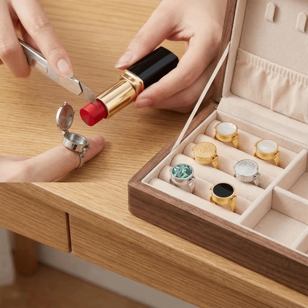 Titanium Steel Lipstick Ring Packable Design Portable Storage Stainless Steel Ring European Fashion Hoop Design Adjustable Ring