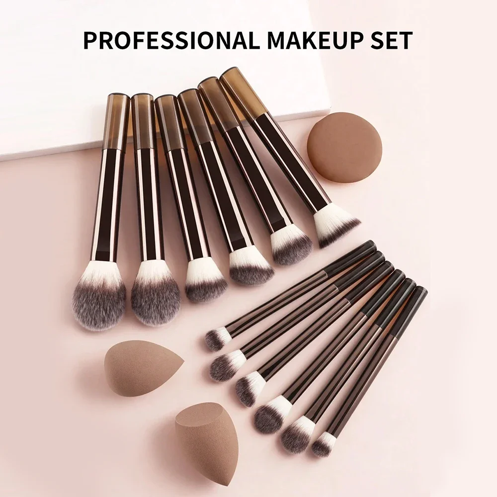 Juego de brochas de maquillaje profesional de 12 piezas incluida. Sombra de ojos, polvo, brochas para colorete, 2 esponjas de maquillaje, 1 soplo de polvo, Trave completo