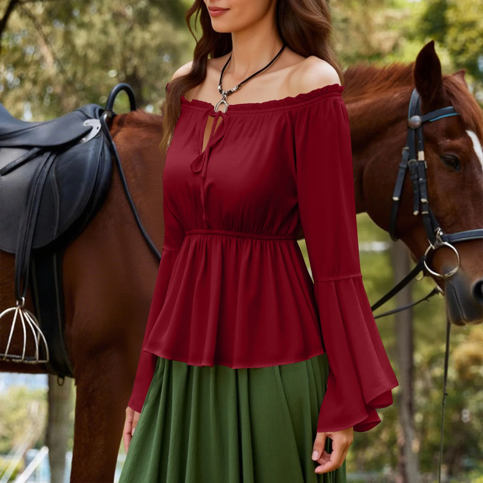Womens Blouse Gothic Renaissance Flare Sleeves Ruffles Off Shoulder Tops Medieval Victorian Cosplay Costume Pirate Shirt view 3